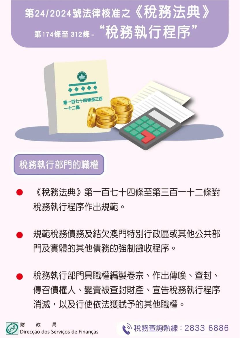 第24/2024號法律核准之《稅務法典》第一百七十四條至第三百一十二條 – “稅務執行程序” – 稅務執行部門的職權